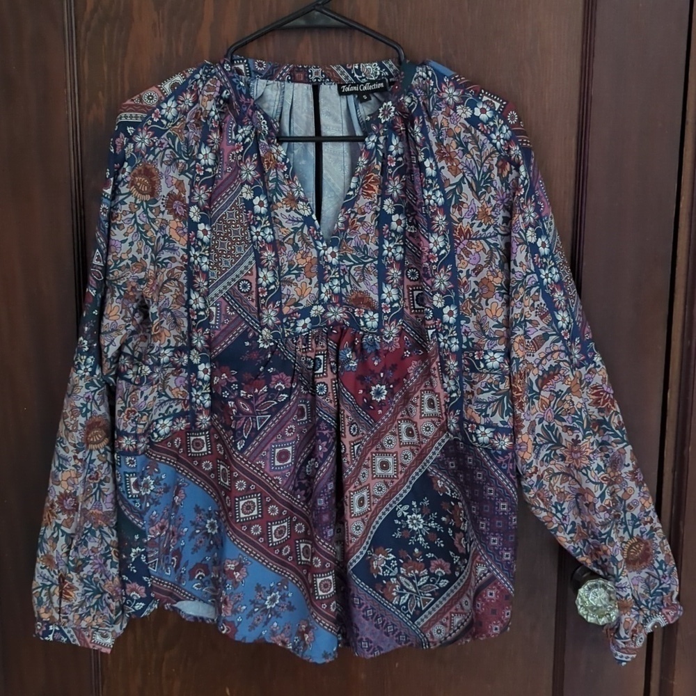 Tolani Collection Paisley Multicolor Long Sleeve Bohemian Blouse Size Small